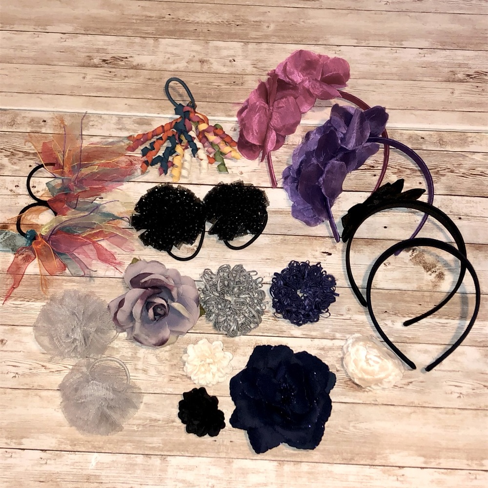 Girls 18 piece FANCY hair accessory bundle; clips, scrunchies, & headbands